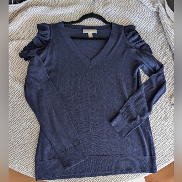 Michael Kors Navy V-Neck Sweater with Ruffled Sleeves - Picture 4 of 8